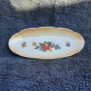 Vtg German Porcelain Hand Painted Floral Roses Oval Dish Tray 11.5" x 5"